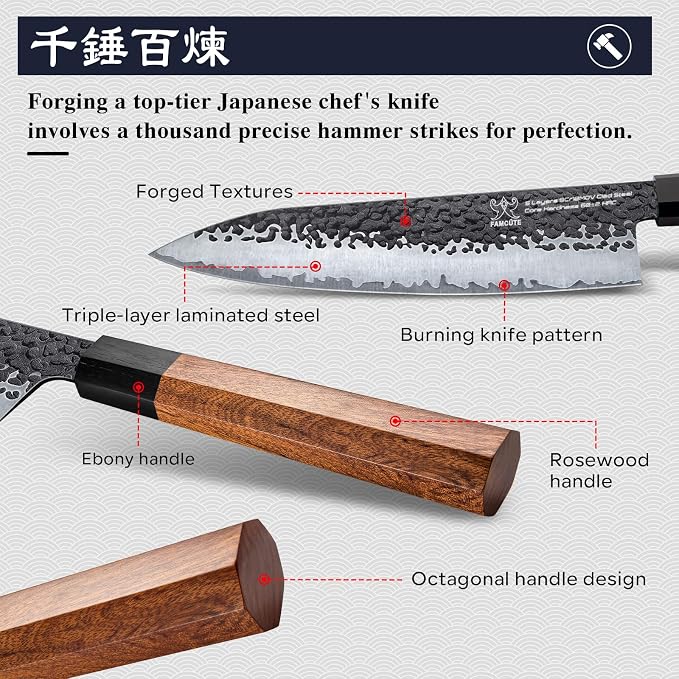 8" Japanese Knife, Hand-Forged Ultra Sharp Chef Knife Gifts for Men | 5-Layer High Carbon 9CR18MOV Steel Kitchen Knife with Rosewood Handle for Home Cooking/BBQ, Unique Birthday Gifts for Dad/Mom