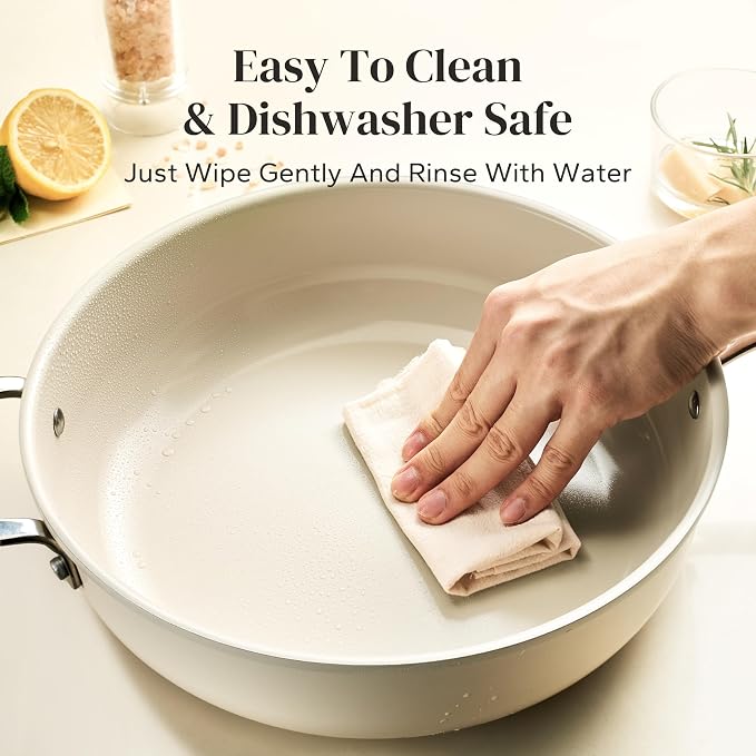 Redchef Ceramic Saute Pan with Lid, Nonstick Deep Frying Pan, 5QT Jumbo Cooker with Helper Handle & Lid, Non Toxic Ceramic Cooking Pan, Chef Pan, Dishwasher & Oven Safe, PFAS PFOA & PTFE Free