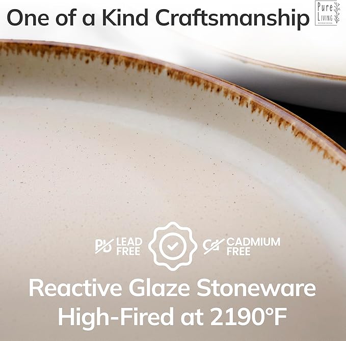 12 Piece Stoneware Dinnerware Set for 4 - Handmade Reactive Glaze Plates and Bowls Set - Chip & Scratch Resistant Dish Set - Dishwasher Microwave Safe - Rustic Beige