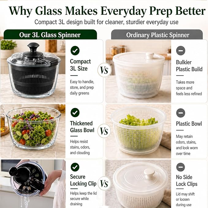 Glass Salad Spinner 3.2 Qt, Small Salad Spinner, Glass Bowl, Black | Removable Lid, Storage Lid, Dishwasher-Safe Glass Bowl, Fruit & Vegetable Washer Dryer, Drain Spout, Crank Handle