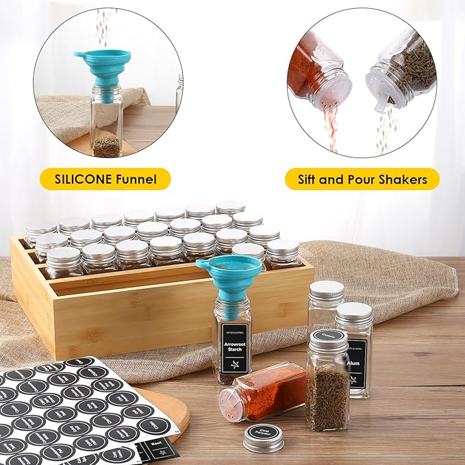 Bamboo Spice Rack Organizer With 28 Glass Spice Jars 4 oz, for Countertop | 780 Labels, 4 Tier Wood Hanging Shelf, Chalk Marker and Funnel Set for Drawer Cabinet Kitchen Wall Mount, Empty 4 oz Jars