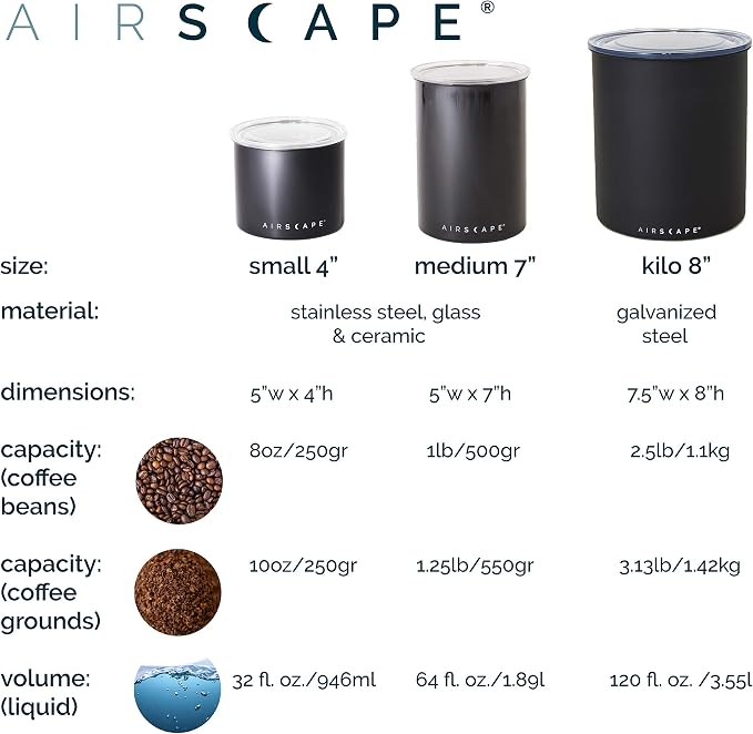 Planetary Design Airscape Stainless Steel Coffee Canister | Food Storage Container | US Patented Airtight Lid | Push Out Excess Air Preserve Food Freshness (Small, Matte White) | Food Storage Container | US Patented Airtight Lid | Push Out Excess Air P...