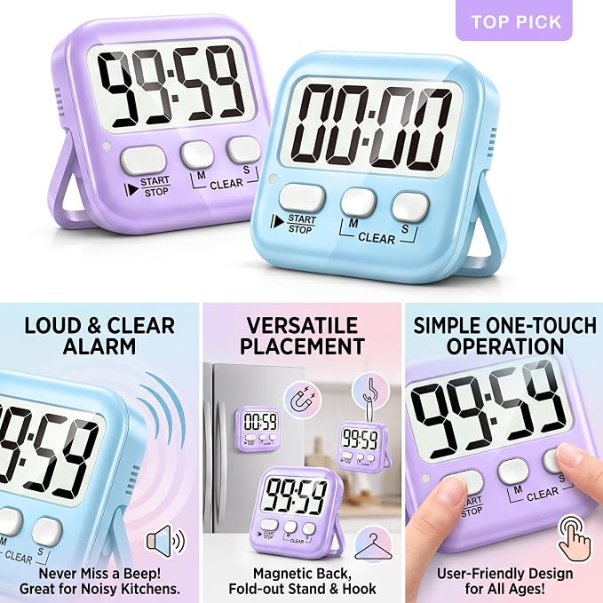 2 Pack Digital Timer for Kids Classroom Kitchen Timers for Cooking | w/ Battery, Easy to View, Alarm, Mute Mode, Count Down/Up, Magnetic, Kickstand, Hanging, Classroom Timer for Teacher Supplies