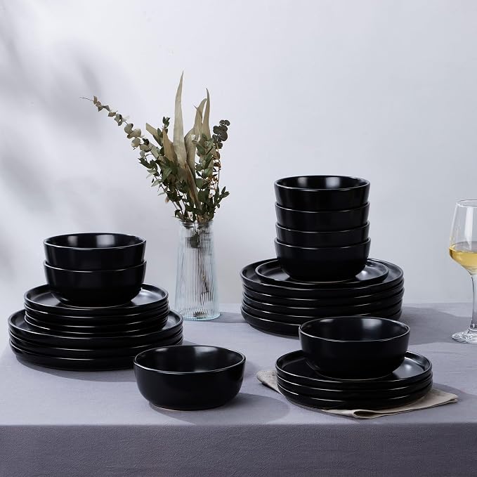 LIANYU Dinnerware Plates and Bowls, 24 Piece Dishes Set for 8, Black Onyx | Dishwasher and Microwave Safe Stoneware Dinning Ware Set, Ceramic Dinner Salad Plates and Cereal Bowls, Scratch Resistant