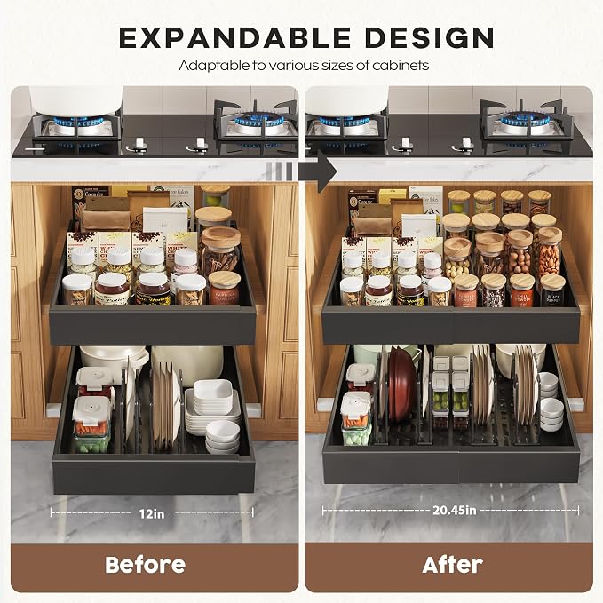 Seinloes 6 Pack Pull Out Cabinet Organizers 21" Deep With Raising Pad for Framed Cabinets, Expandable Slide Out Drawers with 4pcs Divider Racks, Roll Out Shelves, Adjustable Width 12"-20.45" Black