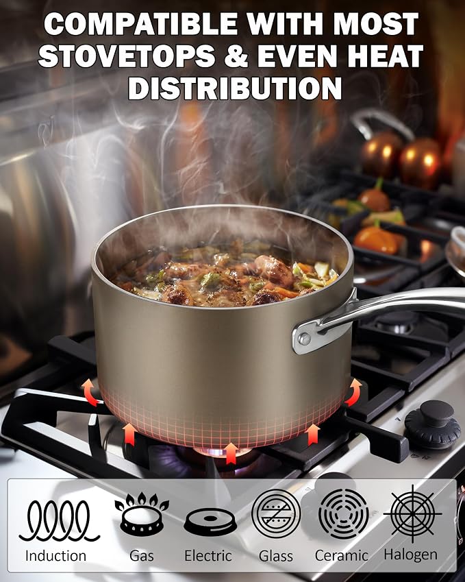 Cooks Standard Classic 2 Quart Saucepan with Glass Lid, Hard Anodized Ceramic Nonstick Sauce Pan, Small Kitchen Sauce Pot Milk Pan, Dishwasher & Oven Safe, Induction Compatible Cookware, Bronze