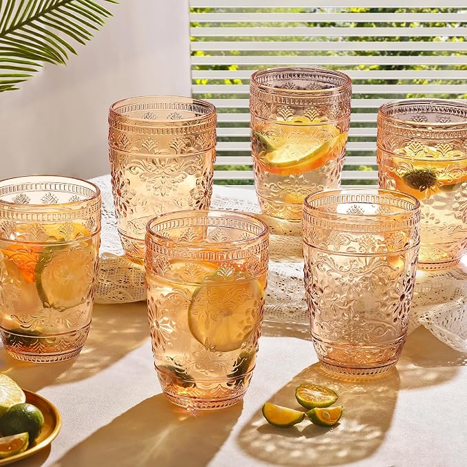 abrwyy Amber Drinking Glasses, Amber Glassware, 14oz Vintage Water Glasses | Lead-Free Glass, Thick&Durable Glass, Home Decoration, Vintage Drinking Glasses Set of 6