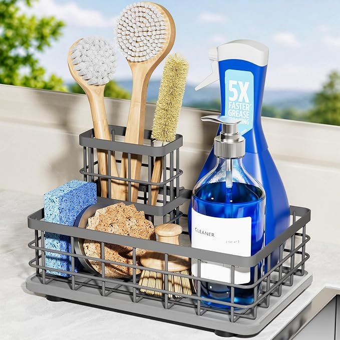 Kitchen Sink Caddy Organizer with Sponge & Brush Holder, Stone Drying Mat | Extra-Large Kitchen Countertop Organizer, Stainless Steel Kitchen Sink Accessories with Quick-Dry Soap Tray for Fewer Stains.