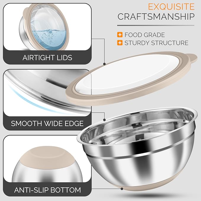 HaWare Stainless Steel Mixing Bowls with Airtight Clear Lids, Khaki | 24-Piece, 5 Nesting Bowls: 4.6/2.6/1.5/1/0.7 QT, Includes 3 Graters, Non-Slip, For Serving, Prepping, Storing