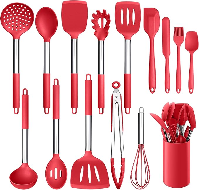 LIANYU 15-Piece Cooking Kitchen Utensils Set with Holder | Silicone Kitchen Tools Stainless Steel Handle, Slotted Spatula Spoon Turner Tong Whisk Brush for Cooking, Red