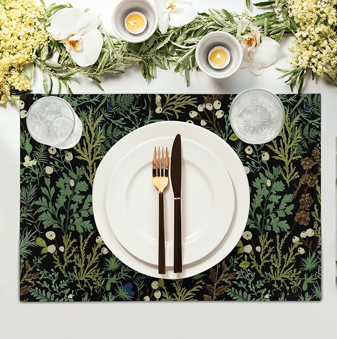 Black Sage Green Leaves Placemats Set of 4 Vintage Botanical Fern Leaf Floral Place Mats Farmhouse Heat Resistant Washable Kitchen Dining Linen Table Mats for Home Party Decor 12x18 Inch