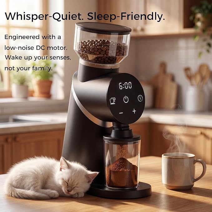 TALIA Coffee Grinder Electric Coffee Bean Grinder with 48mm Titanium Plated Conical Burrs, 51 Grind Settings for Espresso to French Press, Touch Control, Time & Cup Customization, Portafilter Holder