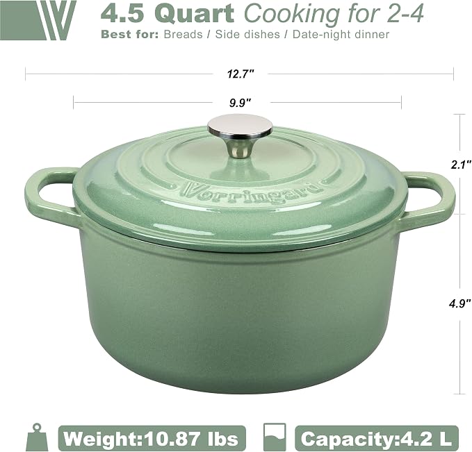 Enameled Cast Iron Dutch Oven Pot with Lid, for Sourdough Bread Baking, Round Dutch Ovens, 4.5 Quart, Sage Green