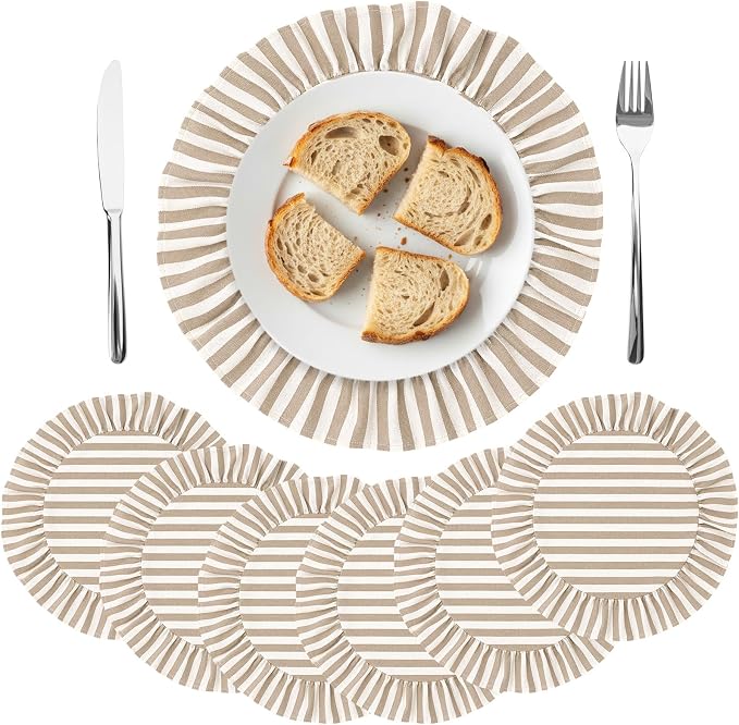 Set of 6 Beige Placemats Round Striped Ruffled Table Placemats 15 Inch Fabric Neutral Boho Modern Farmhouse Rustic Circle Mat for Summer Birthday Picnic Baby Shower Bridal Shower Party Decor