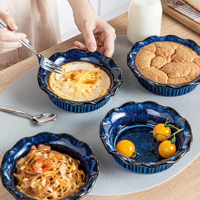 vancasso Ceramic Mini Pie Pans Set of 6, 5.2 Inch Small Pie Plates for Baking with Ruffled Edge, Individual Quiche Baking Dishes Tart Pans, Mini Pot Pie Plates for Microwave & Oven Safe, Blue