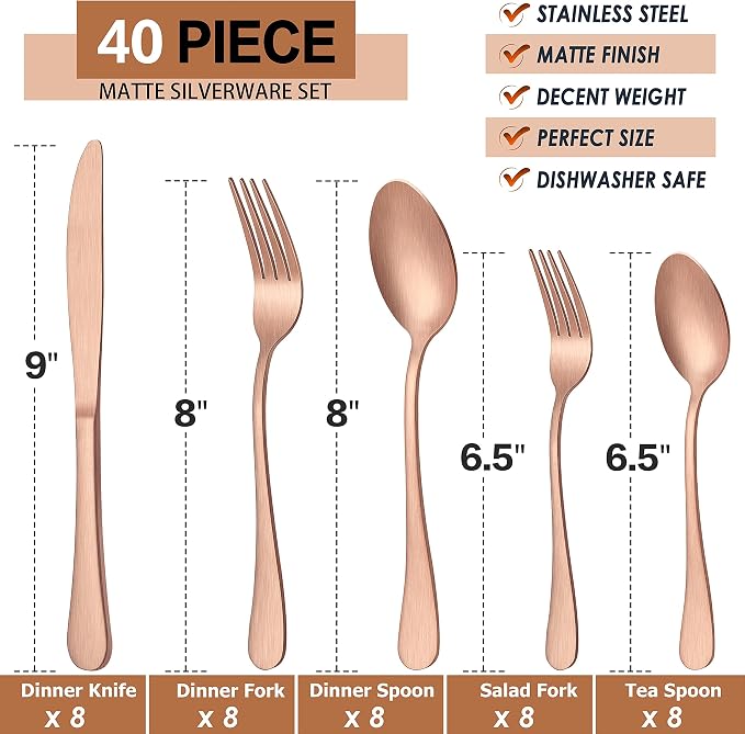 LIANYU 40 Piece Matte Copper Silverware Set, Rose Gold Flatware Set for 8 | Stainless Steel Cutlery Set, Fancy Kitchen Utensil Tableware for Home Restaurant Party, Satin Finish, Dishwasher Safe