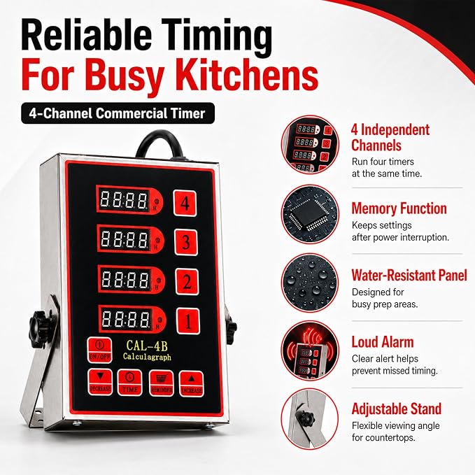Commercial 4 Channels Digital Kitchen Timer, Stainless Steel Calculagraph Timer with Loud Alarm for Restaurant, Clock Reminder on Multiple Events