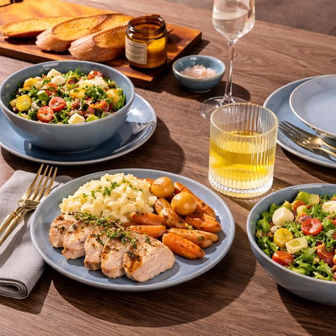 GBHOME Dinnerware Sets for 6, 24 Pieces Ceramic Plates and Bowls Set | Scratch Resistant Stoneware Dishes Set, Dishwasher & Microwave Safe, Reactive Glaze-Blue