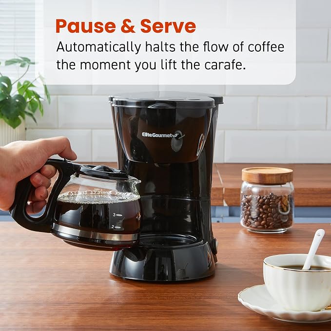 Elite Gourmet EHC4128 Automatic 4-Cup Drip Coffee Maker, Black | Glass carafe, Pause N Serve, reusable filter, On/Off switch, and Keep Warm with water level indicator