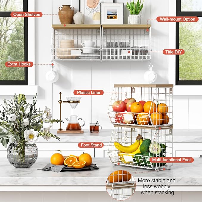 Goozii White Fruit Storage Basket for Kitchen Counter Set of 2, Wall Mount Wire Fruit Basket with Shelf with Banana Hanger, Hanging Countertop Organizer for Bathroom Pantry Cabinet, White + Natural