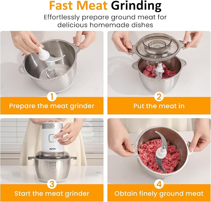 Sunvivi 4-IN-1 Food Processor: 350W Electric Meat Grinder, 2 Bi-Layer 4 Blades, 1.8L Stainless Steel Bowl, Juicer, Coffee Grinder, Garlic Peeler, Vegetable Chopper, 2-Speed, 150&350ml Cups, White