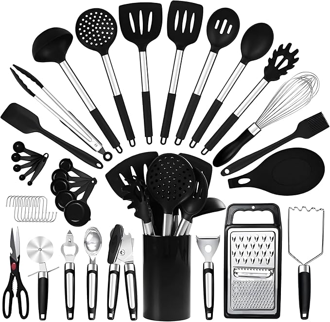 40PCs Silicone Cooking Utensils Set 446℉ Heat Resistance, RFAQK BPA Free Kitchen Utensils Set for Nonstick Cookware, Gadgets includes Can Opener, Potato Smasher,Peeler,Tongs,Spatula Set,Pizza Cutter
