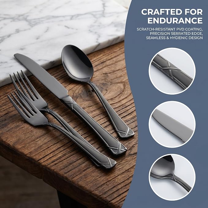 40-Piece Black Silverware Set, Stainless Steel Flatware Set Cutlery Set include Knives, Forks and Spoons Service for 8, Mirror Polished & Dishwasher Safe