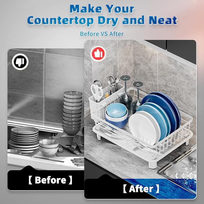 Dish Drying Rack, Stainless Steel-Dish Rack, (White-11 W x 15" L) | Dish Racks for Kitchen Counter, Kitchen Dish Drainers with Removable Utensil Holder,New drain outlet,
