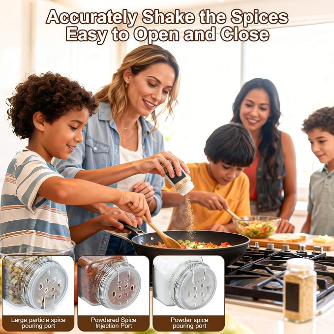 48 Spice Jars with Labels, 4oz Seasoning Jars for Cabinets, Drawers, Racks | Lead-free glass seasoning containers with pink airtight lids, and they are dishwasher safe