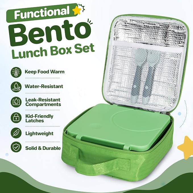 Bento Lunch Box Set for Kids with 8oz Soup Thermo, Leak-Proof Lunch Containers with 4 Compartment, Kids Thermo Hot Food Jar and Insulated Lunch Bag for Kid to School-Green