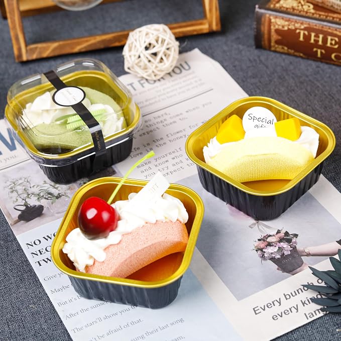 Square Foil Cups with Lids, 60 Pack Black Gold 5oz for Weddings | Use for brownies, mousse, cheesecake bites and chilled sweets; topping visibility supports counter display.