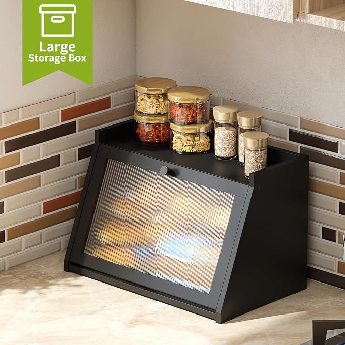 BMOSU Bread Box for Kitchen Countertop Large Capacity Corner Bread Box Farmhouse Bread Container Bread Storage Bread Holder (Black, Large)