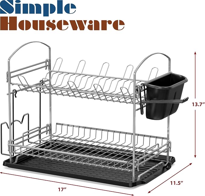 Simple Houseware 2-Tier Dish Rack with Drainboard, Silver