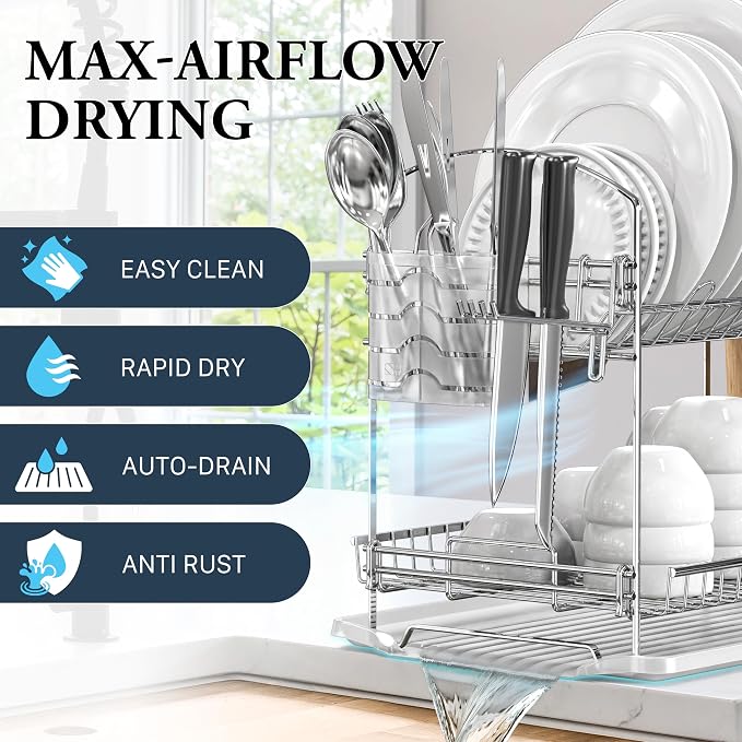 Simple Houseware 2-Tier Stainless Steel Dish Rack with Drainboard, Chrome