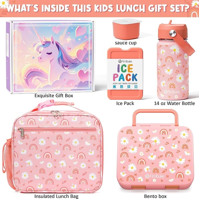 Fimibuke Bento Lunch Box for Kids - Toddler Girls Snack Bento Box Container | with 3 Compartment, 14oz Stainless Steel Water Bottle, Insulated Lunch Bag, Ice Pack Set for Ages 3-12 Daycare, Rainbow Daisy