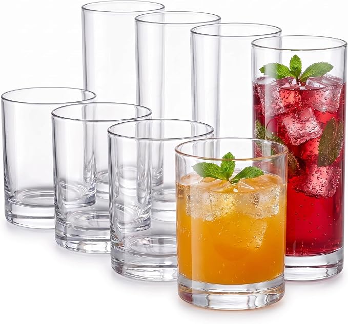 Meolibour® Acrylic Drinking Glasses Set of 8, 14oz Rocks & 20oz Water Cups, Unbreakable Plastic Drinkware, Clear Kitchen Tumblers for Home Outdoors, Reusable, BPA-Free, Top-Rack Dishwasher Safe