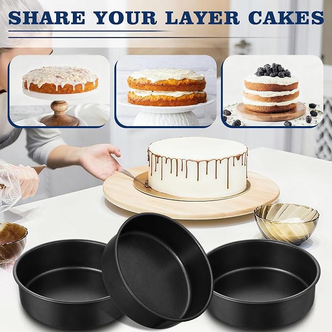E-far 9 Inch Cake Pan, 3PCS Nonstick Stainless Steel Baking Cake Pans Tins | Round Smash Bakeware Baking for Birthday Layer Cake/Cheesecake, Straight Side, Non-Toxic & Healthy, Leakproof & Easy Clean