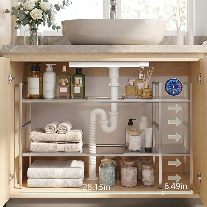 Under-Sink Organizer 2-Tier Expandable Cabinet Storage (10 panels) | LED Motion-Sensing Auxiliary Lighting Dial Thermometer Stainless Steel Telescopic & Adjustable Rust-Resistant