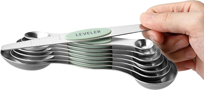 Spring Chef Stainless Steel Magnetic Measuring Spoons Set of 8, Pistachio | Nesting Metal Teaspoon & Tablespoon Measuring Spoons with Leveler for Dry & Liquid Ingredients, Dual Sided, Dishwasher Safe