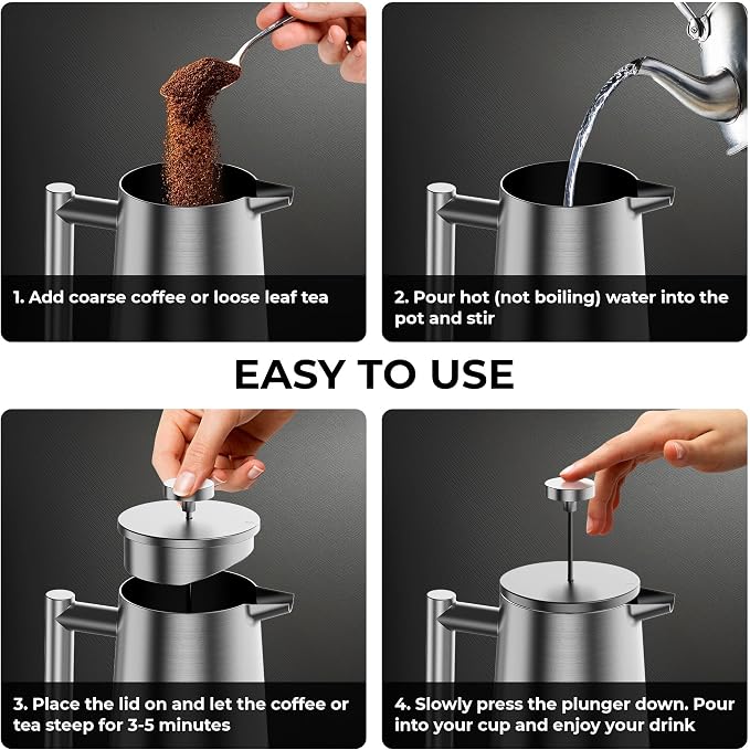 French Press Coffee Maker, Stainless Steel French Press 34 Oz / 1L, Double Wall Insulated Coffee Press with 3 Extra Mesh Filters, Metal Coffee Maker for Coffee & Tea, Satin Finish, Silver