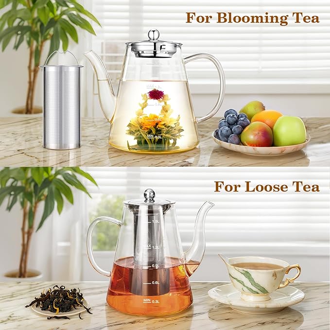 1500ml Glass Teapot, Large Tea Pot with Infuser for Loose Tea and Blooming Tea, Stovetop Safe Tea Kettle, Hand Crafted Borosilicate Glass Tea Maker with Scale Line, Tea Gift Set for Tea Lovers