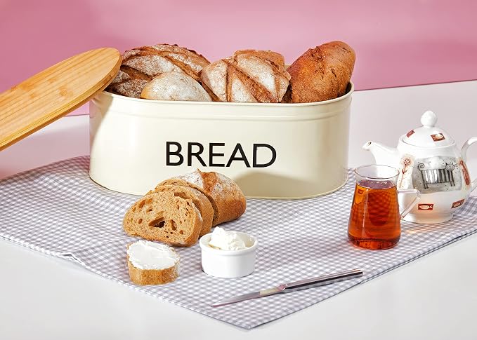 RoyalHouse Premium Metal Bread Box with Bamboo Lid | Stainless Steel Large Bread Bin Storage Container And Organizer for Kitchen Countertop, Vintage Style Kitchen Decor
