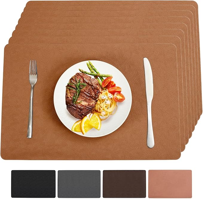 Brown Vinyl Placemats Set of 12 Waterproof Wipeable Table Mat | Heat Resistant Easy Clean Place Mats Faux Leather Table Mats Washable PVC Table Placemats for Dining Table(Light Brown)