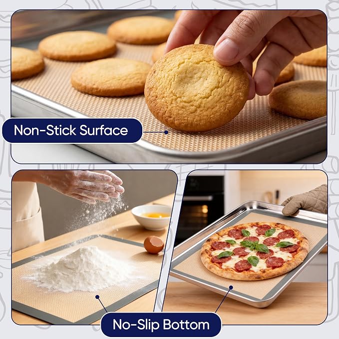 E-far Silicone Baking Mats, 11.5x8.7” Nonstick Reusable Silicone Mat for Kitchen Oven Baking Cookie Bread Pastry, 2Pcs Food Grade Rectangle Silicon Baking Sheet, Heat-Resistant & Easy Clean, Gray