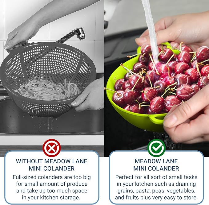 Meadow Lane 6-Inch Small Colanders, 3-Cup Strainers, Green/White, 2-Pack | BPA-free, dishwasher-safe mini colander has a wide, shallow bowl, 1/8-inch holes, two handles, ring foot and smooth edges.