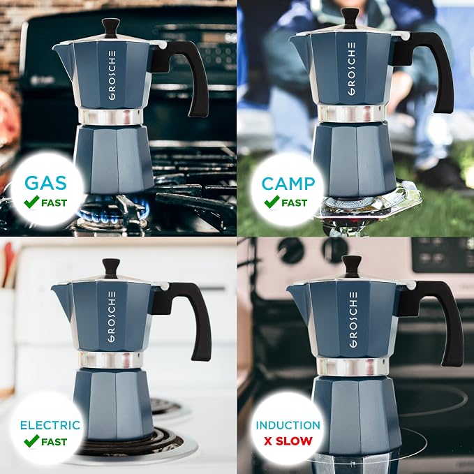 GROSCHE Milano Stovetop Espresso Maker Moka Pot 6 espresso Cup, 9.3 oz Blue | Cuban Coffee Maker And Italian Moka Pot For Stovetop Espresso; For Gas, Electric, And Propane Stoves With A Soft-Touch Handle