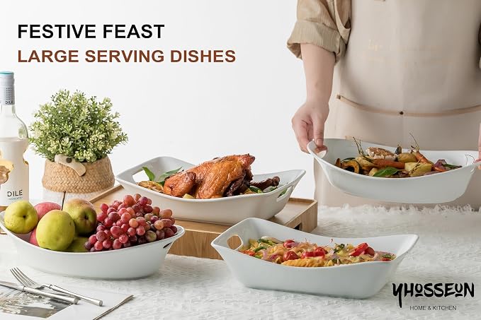 YHOSSEUN Large Serving Bowls with Handles, Serving Dishes For Entertaining | White Serving Dishes, 1.5 Quarts Ceramic Bowl Set Rectangle Serving Platter for Thanksgiving, Set of 2