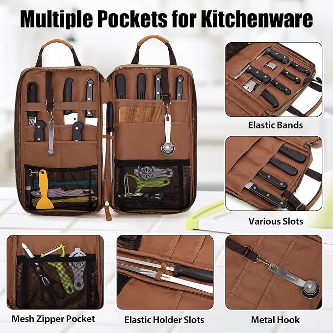 Damero Chef Knife Bag, Waxed Canvas Chef Bag with 11 Slots & 2 Mesh Pockets | Chef Storage Bag Knife Carrier Travel Knife Bag with Top Handles, Detachable Shoulder Strap for Kitchen Tools & Chef Utensils