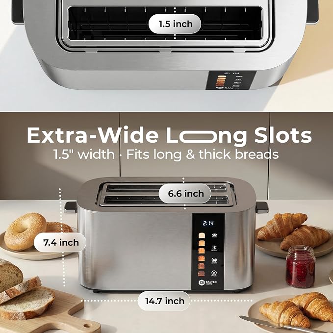 Balter Toaster 4 Slice Wide Slot, Bagel Function, Long Slot, Stainless Steel, Touch Screen, Built-in Rack, Extra-Wide 1.5" Slots for Thick Breads & Bagel, Timer, BPA-Free, 6 Levels, Removable Tray