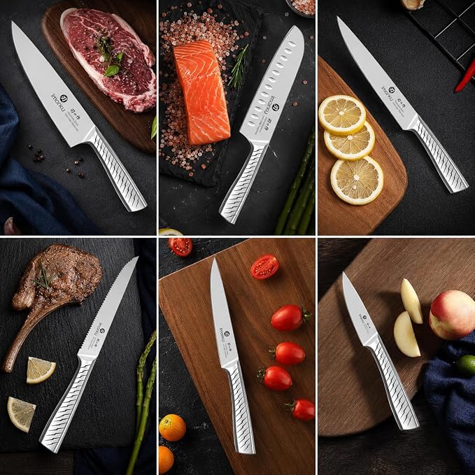 iMarku 14-Piece High-Carbon Stainless Steel Knife Set with Non-Slip Handles | Japanese-style knife set with block and built-in sharpener, distinctive textured finish, and gift box—ideal for gifting.
